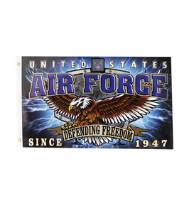 Front view of U.S. Air Force Patriotic Flag featuring official Air Force logo on durable blue polyester fabric.