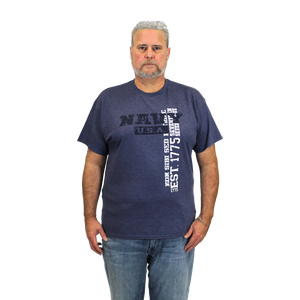 Front view of U.S. Navy Vintage Washed T-Shirt featuring bold Navy logo and light blue vintage finish.