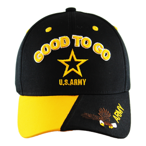 Front view of U.S. Army Bungee Cap featuring embroidered ARMY logo in bold yellow and black