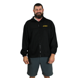 Front view of human model wearing the Made in the USA U.S. Army Soft Shell Jacket, showing embroidered U.S. Army logo on the chest and full zip closure.