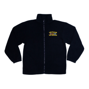 Front view of Made in the USA Vietnam Veteran Black Fleece Zip-Up Jacket featuring 3D embroidered Vietnam Veteran logo.