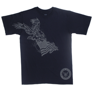 Front view of Made in the USA U.S. Navy Eagle Flag T-Shirt featuring large eagle and American flag graphic.