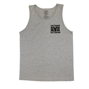 Front view of Made in the USA Vietnam Veteran Slogan Tank Top featuring embroidered Vietnam veteran logo.