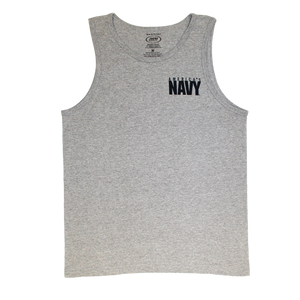Front view of Made in the USA U.S. Navy Slogan Tank Top featuring bold America’s Navy logo.
