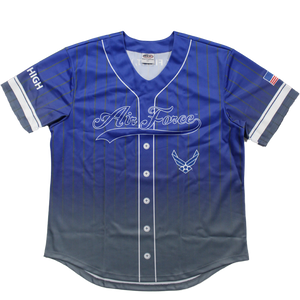 Front view of U.S. Air Force Sublimated Baseball Jersey featuring bold Air Force logo and detailed sublimated graphics.