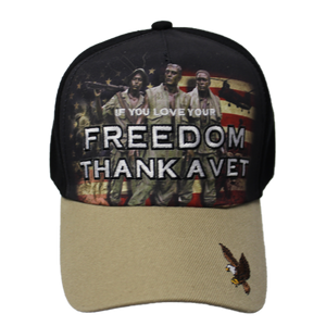 Front view of Thank a Vet Soldiers Khaki Cap with 3D embroidery and sublimated soldier graphic.