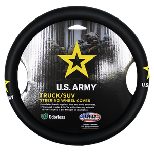 Front image of U.S. Army steering wheel cover featuring official Army emblem on durable black rubber.