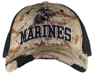 Front view of US Marines Distressed Camo Cap featuring embroidered USMC logo on digital camouflage fabric.