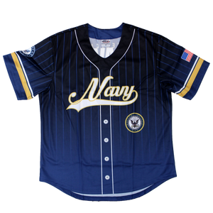 Front view of U.S. Navy Sublimated Baseball Jersey featuring bold Navy emblem and full-print design.