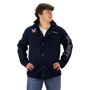 Model wearing the front view of U.S. Navy Insulated Canvas Jacket featuring screen-printed NAVY graphic and insulated canvas body