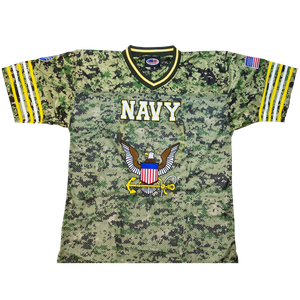 Front view of U.S. Navy Digital Camo Embroidered Football Jersey with 3D ‘Navy’ embroidery and eagle emblem.