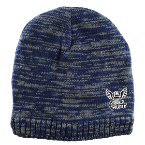Front view of U.S. Navy Heathered Knit Beanie with embroidered Navy logo on front cuff.