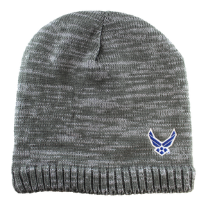 Front view of U.S. Air Force Heathered Knit Beanie with embroidered Air Force logo on front cuff.