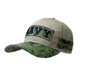 Right side view of Camo Tape U.S. Navy Hat featuring bold embroidered NAVY text patch and digital camo accents on brim and sides. Right side view of Camo Tape U.S. Navy Hat featuring bold embroidered NAVY text patch and digital camo accents on brim and sides.