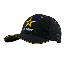 Right side view of U.S. Army Patterned Print Cap featuring embroidered Army star logo and patterned text design. Right side view of U.S. Army Patterned Print Cap featuring embroidered Army star logo and patterned text design.