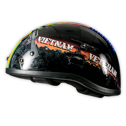 Right side view of Vietnam Veteran Motorcycle Helmet with veteran logo and curved outer shell.