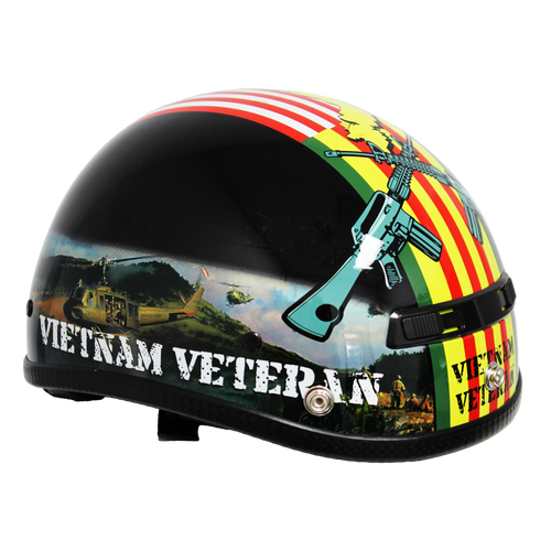 Left side view of Vietnam Veteran Helmet showing detailed patriotic graphics and aerodynamic contour.