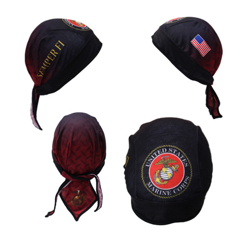 “U.S. Marines Motorcycle Headwrap featuring the official Marine Corps emblem, durable 100% polyester construction, and secure tie-back design — built for comfort, durability, and patriotic style.”