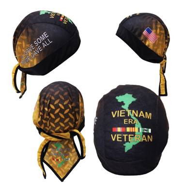 Vietnam Veteran Motorcycle Headwrap featuring the official Vietnam Veteran emblem, durable polyester fabric, and secure tie-back design — built for comfort, breathability, and patriotic pride.