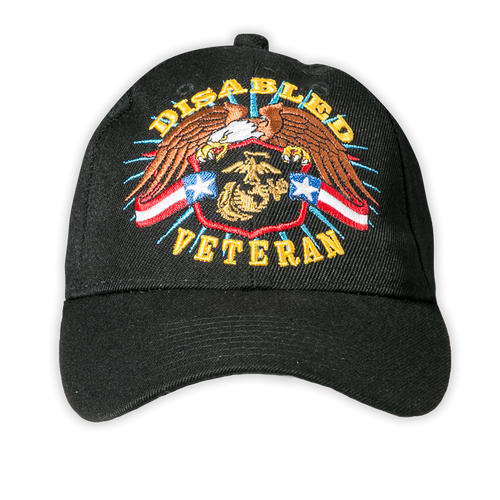 Front view of U.S. Marines Disabled Veteran Cap featuring embroidered Eagle, Globe & Anchor with American flags and gold lettering.