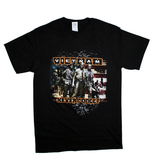 Front view of Vietnam Veteran Graphic T-Shirt featuring bold ‘Vietnam Never Forget’ design printed across the chest in full-color patriotic detail.