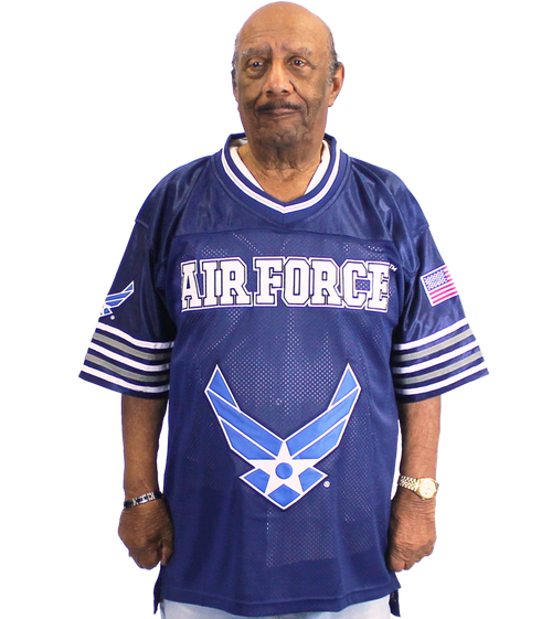 Model wearing U.S. Air Force Football Jersey showcasing official design, athletic fit, and detailed embroidered military graphics.