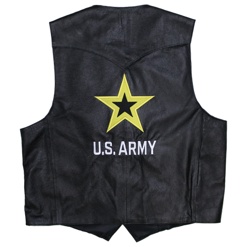 Front view of U.S. Army Leather Vest featuring official embroidered Army logo, snap closure, and premium black leather finish