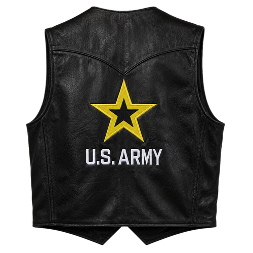 Front view of U.S. Army Leather Vest featuring official embroidered Army logo, snap closure, and premium black leather finish
