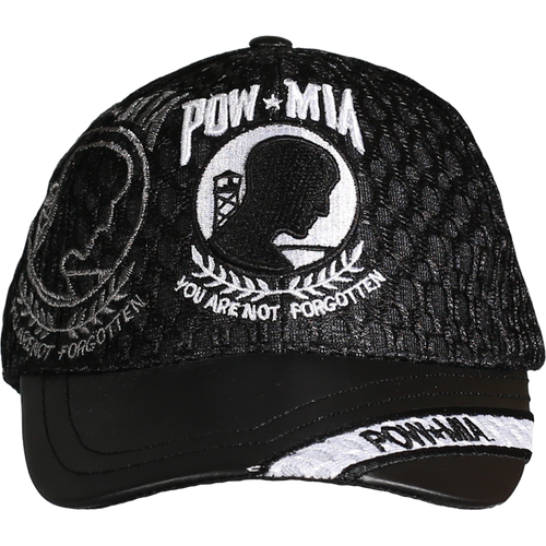Front view of POW MIA Leather Brim Cap featuring embroidered POW MIA logo and black leather visor.