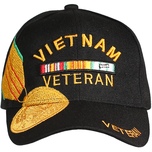 Front view of Vietnam Veteran Medal Cap featuring embroidered Vietnam Service Medal ribbon and gold Vietnam Veteran text.