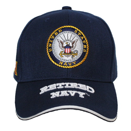 Front view of Retired U.S. Navy Cap featuring bold 3D embroidered Navy logo and Retired Navy text.