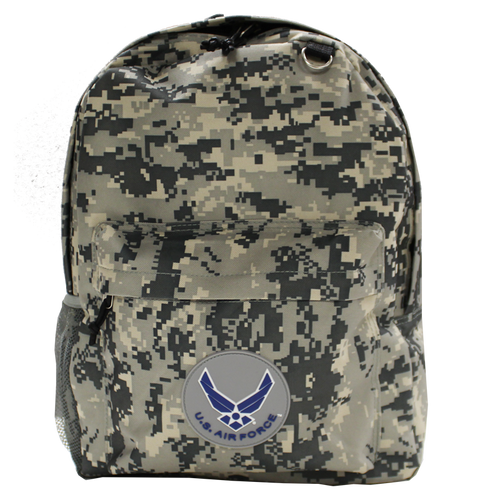 Front view of U.S. Air Force Digital Camo Backpack featuring large rubber Air Force patch and multiple storage compartments