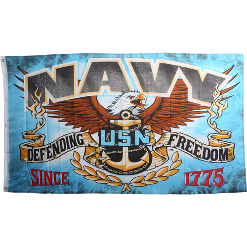 Front view of U.S. Navy Patriotic Flag featuring bold Navy logo on durable polyester fabric.