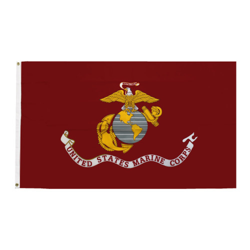 U.S. Marines Patriotic Flag front view showing bold Marine Corps emblem and red background.