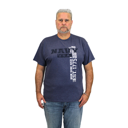 Front view of U.S. Navy Vintage Washed T-Shirt featuring bold Navy logo and light blue vintage finish.