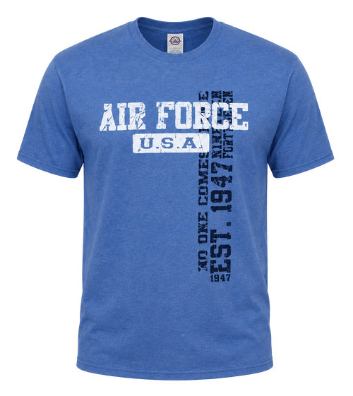 Front view of U.S. Air Force Vintage Washed T-Shirt featuring bold Air Force logo on royal blue vintage fabric.