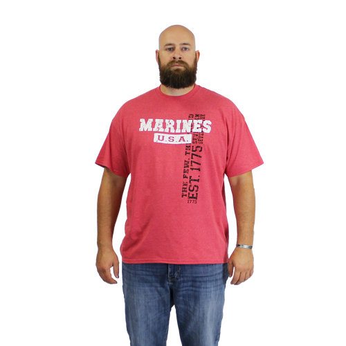 Front view of U.S. Marines Vintage Washed T-Shirt featuring bold Marine Corps logo on red vintage wash.