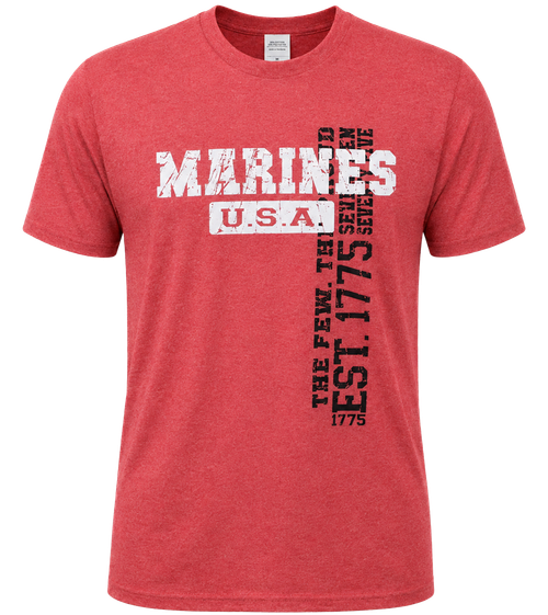 Front view of U.S. Marines Vintage Washed T-Shirt featuring bold Marine Corps logo on red vintage wash.