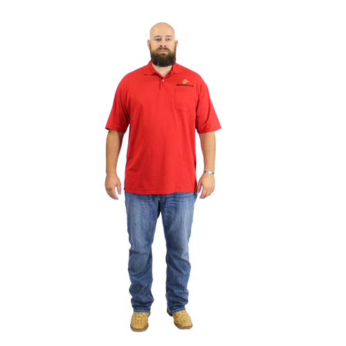 Front view of U.S. Marines Red Pocket Golf Shirt with embroidered Marine Corps logo on left chest pocket.