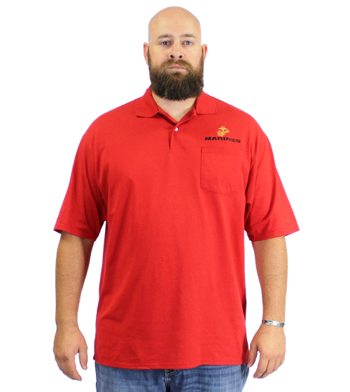 Front view of U.S. Marines Red Pocket Golf Shirt with embroidered Marine Corps logo on left chest pocket.