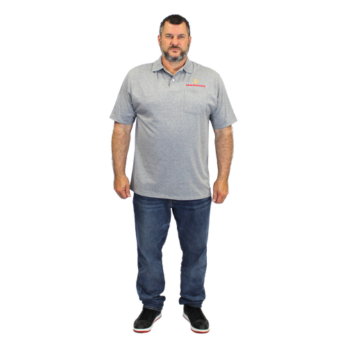 Front view of U.S. Marines Red Golf Shirt with embroidered Marine Corps logo above left chest pocket