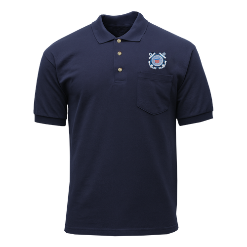 Front view of U.S. Coast Guard Blue Pocket Golf Shirt featuring embroidered Coast Guard logo above left chest pocket.