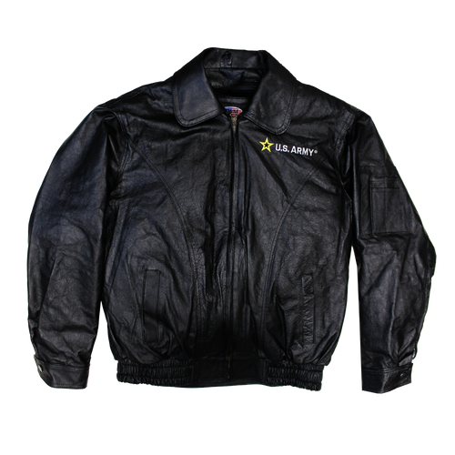 Front view of U.S. Army Leather Jacket featuring full zip front and embroidered Army logo on chest.