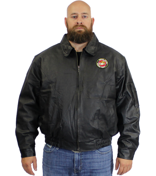 Front view of U.S. Marines Leather Jacket featuring full zip closure and embroidered Marine Corps logo on chest.