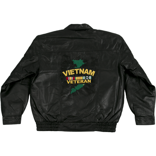 Back view of Vietnam Veteran Leather Jacket showing large 3D embroidered Vietnam Veteran patch and service ribbons