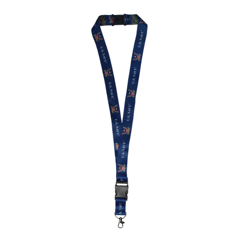 Front view of U.S. Navy Lanyard featuring bold Navy logo and double-sided printed design.