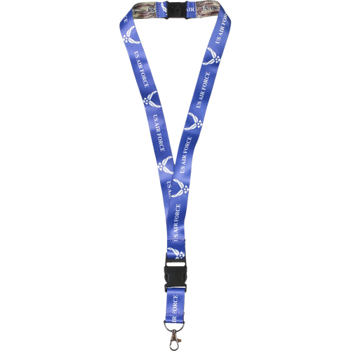 Front view of U.S. Air Force Lanyard featuring bold Air Force logo and double-sided printed design.
