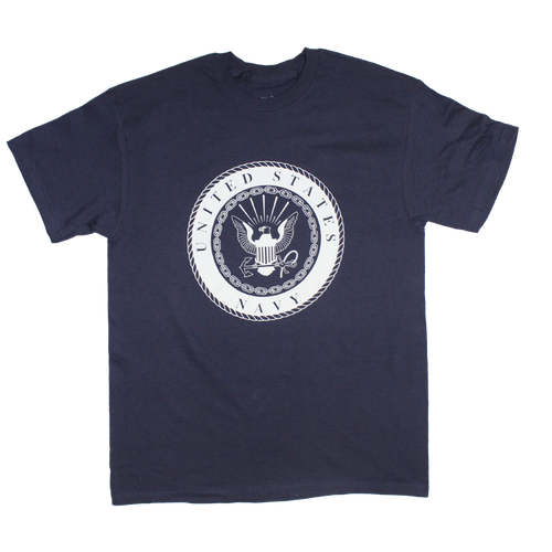 Front view of U.S. Navy Solid Color Patriotic Logo T-shirt featuring large printed Navy logo and eagle design.