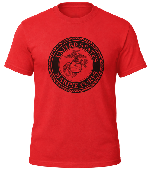 Front view of U.S. Marines Solid Color Front Logo T-shirt featuring bold red Marines logo.