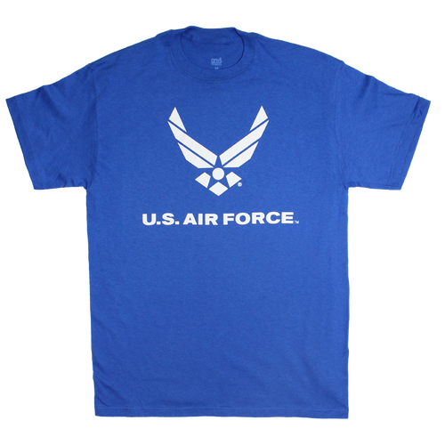 Front view of U.S. Air Force Solid Color Front Logo T-shirt featuring bold printed Air Force wings and text logo.